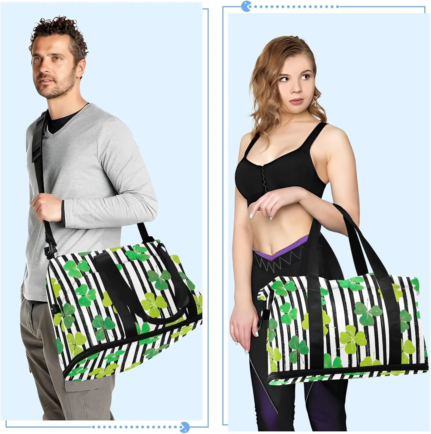Clover Leaf Black Lines Overnight Bag for Men Expandable Track Shoe Bag, Carry on Tote Bag with Dry and Wet Separation