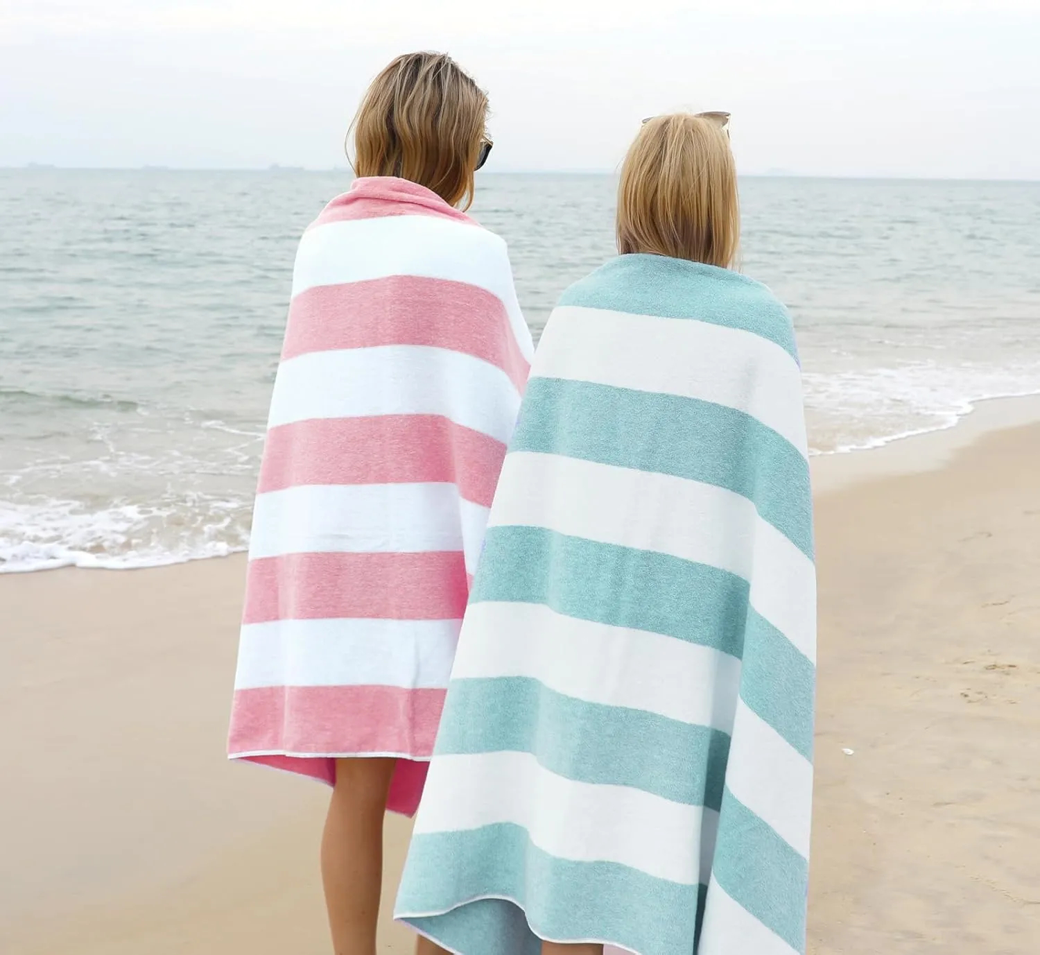 CLOWOOD Plush Oversized Beach Towel - Cotton 40 x 72 Inch Large Thick Aqua Striped Cabana Pool Swimming Towel