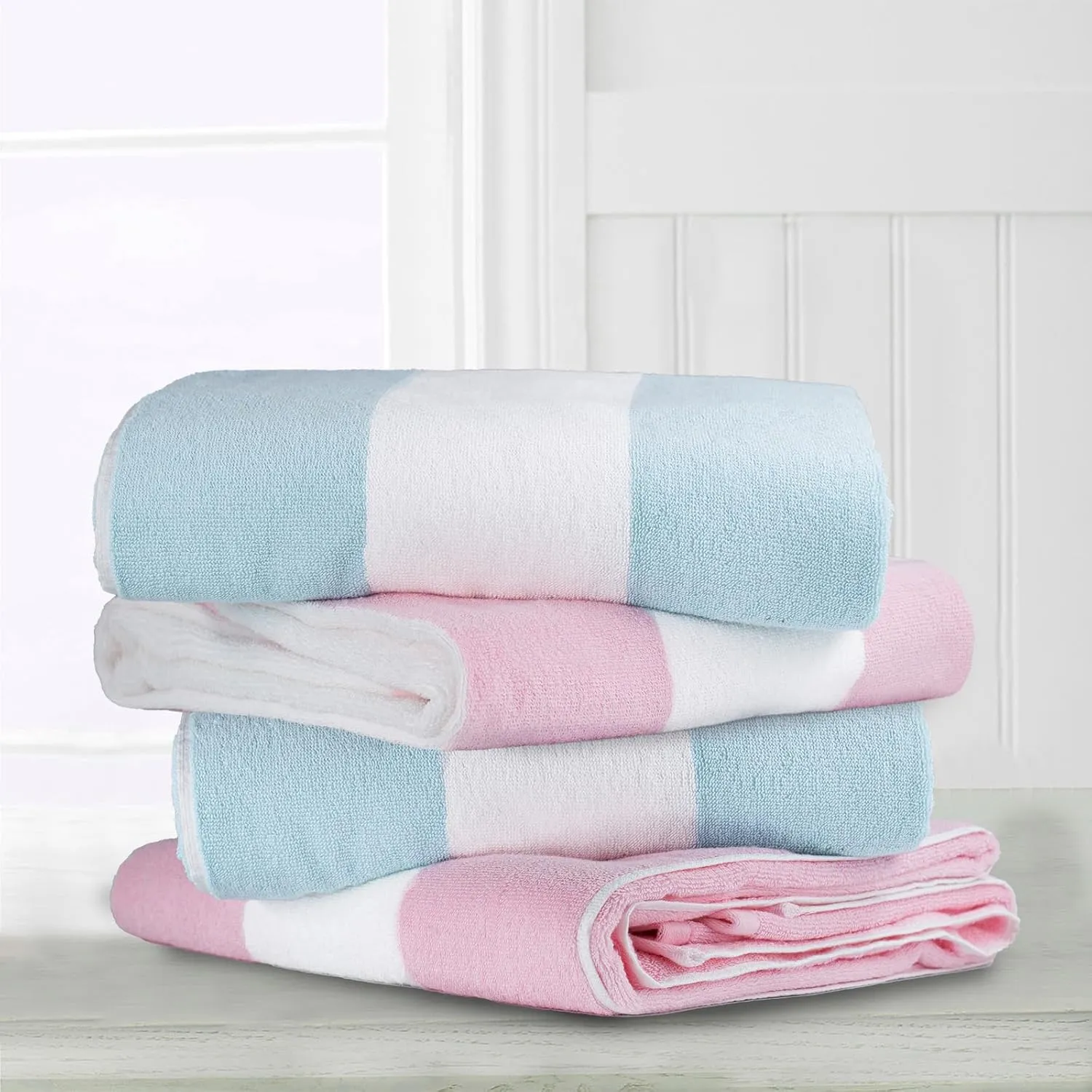 CLOWOOD Plush Oversized Beach Towel - Cotton 40 x 72 Inch Large Thick Aqua Striped Cabana Pool Swimming Towel