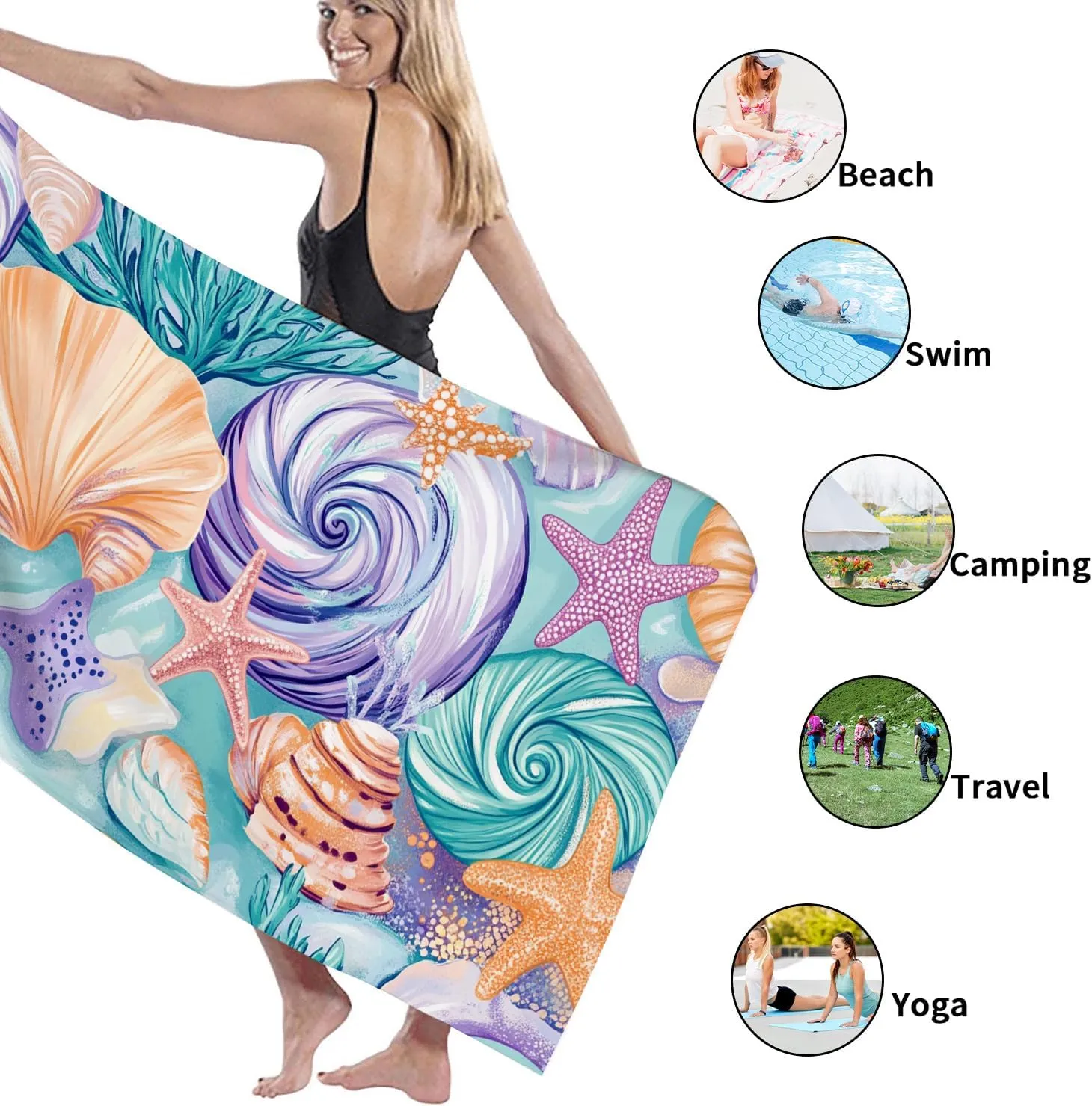 Coastal Seashell Microfiber Beach Towel Ocean Blue Abstract Design Quick Dry Lightweight Sand Free Beach Blanket, Vacation Pool Picnic Essentials 62x31 Inch
