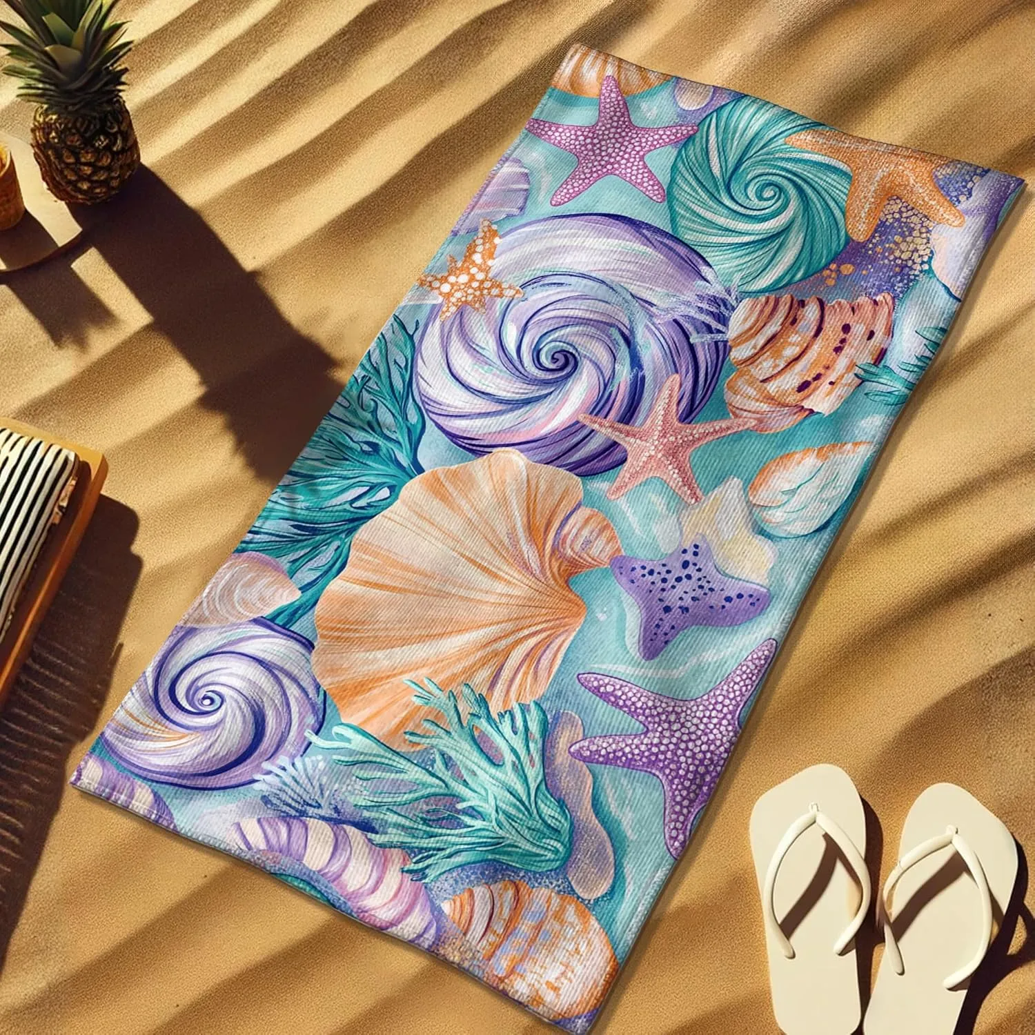 Coastal Seashell Microfiber Beach Towel Ocean Blue Abstract Design Quick Dry Lightweight Sand Free Beach Blanket, Vacation Pool Picnic Essentials 62x31 Inch