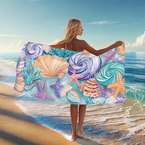 Coastal Seashell Microfiber Beach Towel Ocean Blue Abstract Design Quick Dry Lightweight Sand Free Beach Blanket, Vacation Pool Picnic Essentials 62x31 Inch