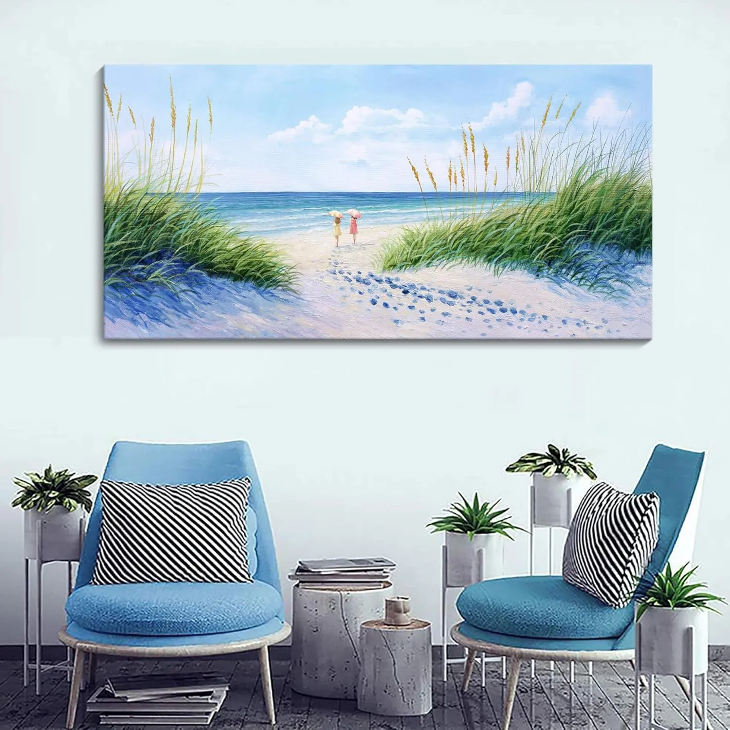 Coastal Wall Art - Large Landscape Wall Art for Living Room, Bedroom Pictures, Ocean Beach Artwork, Blue Wall Art, Above Bed Decor, Coastal Landscape Wall Art,Framed Beach Pinting 20×40IN