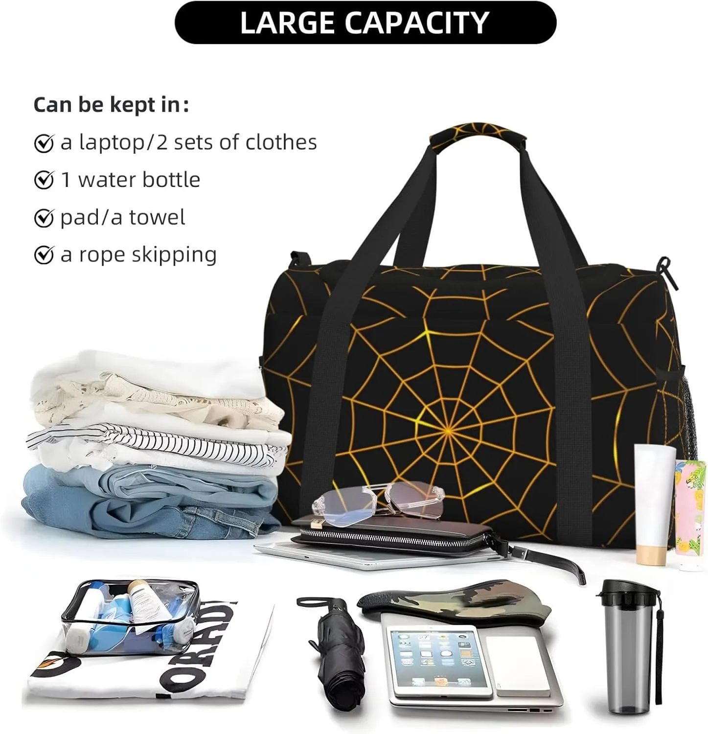 Cobweb Gold Travel Duffel Bag Large Foldable Waterproof Overnight Bag For Beach Swim Bags Pool Sports Gym
