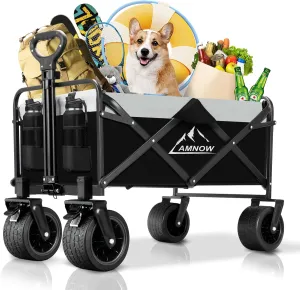 Collapsible Foldable Wagon, Utility Large Capacity Beach Wagon with Big Wheels, Shopping Wagon Cart with Side Pocket and Brakes for Sand Garden Grocery Sports Camping, D-black