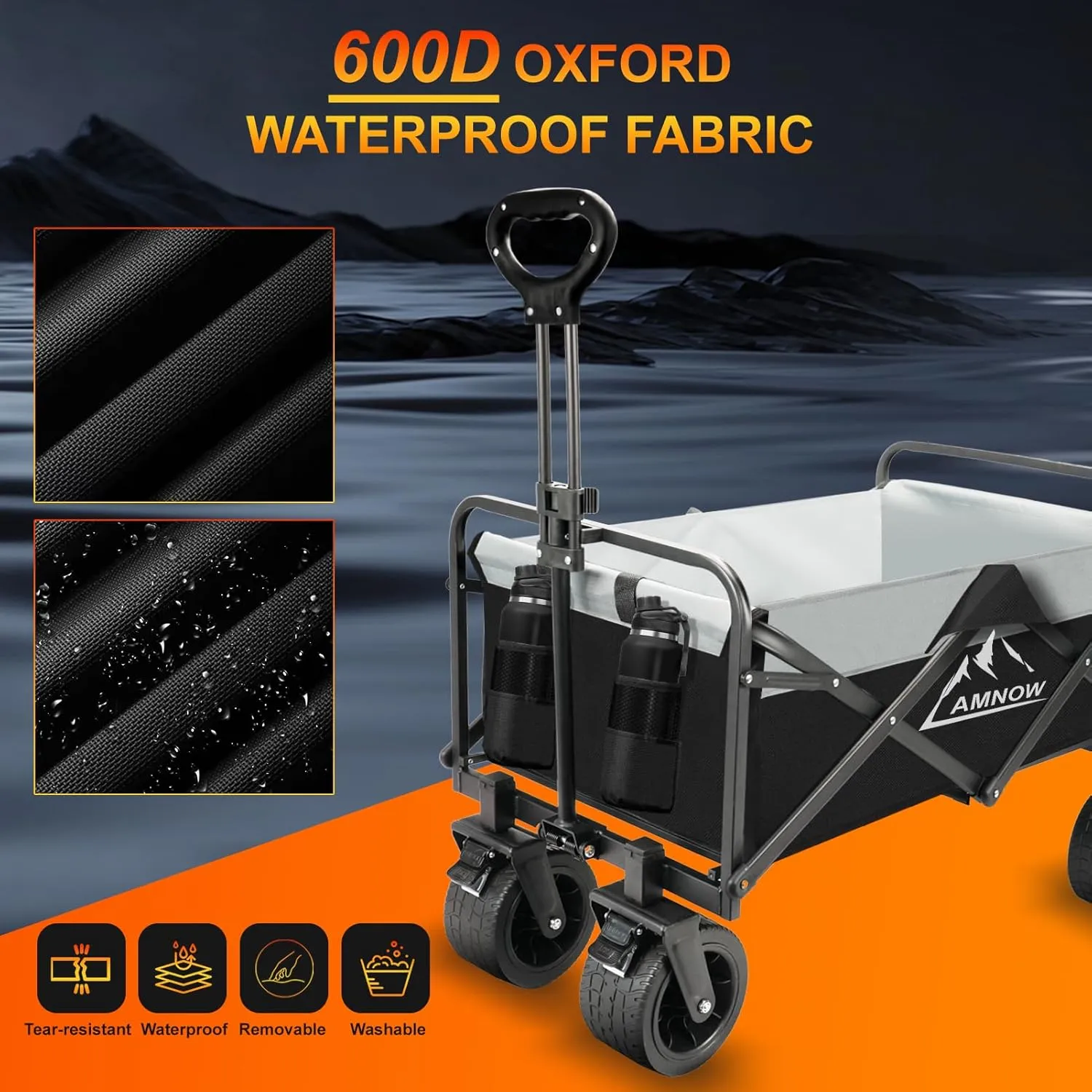 Collapsible Foldable Wagon, Utility Large Capacity Beach Wagon with Big Wheels, Shopping Wagon Cart with Side Pocket and Brakes for Sand Garden Grocery Sports Camping, D-black