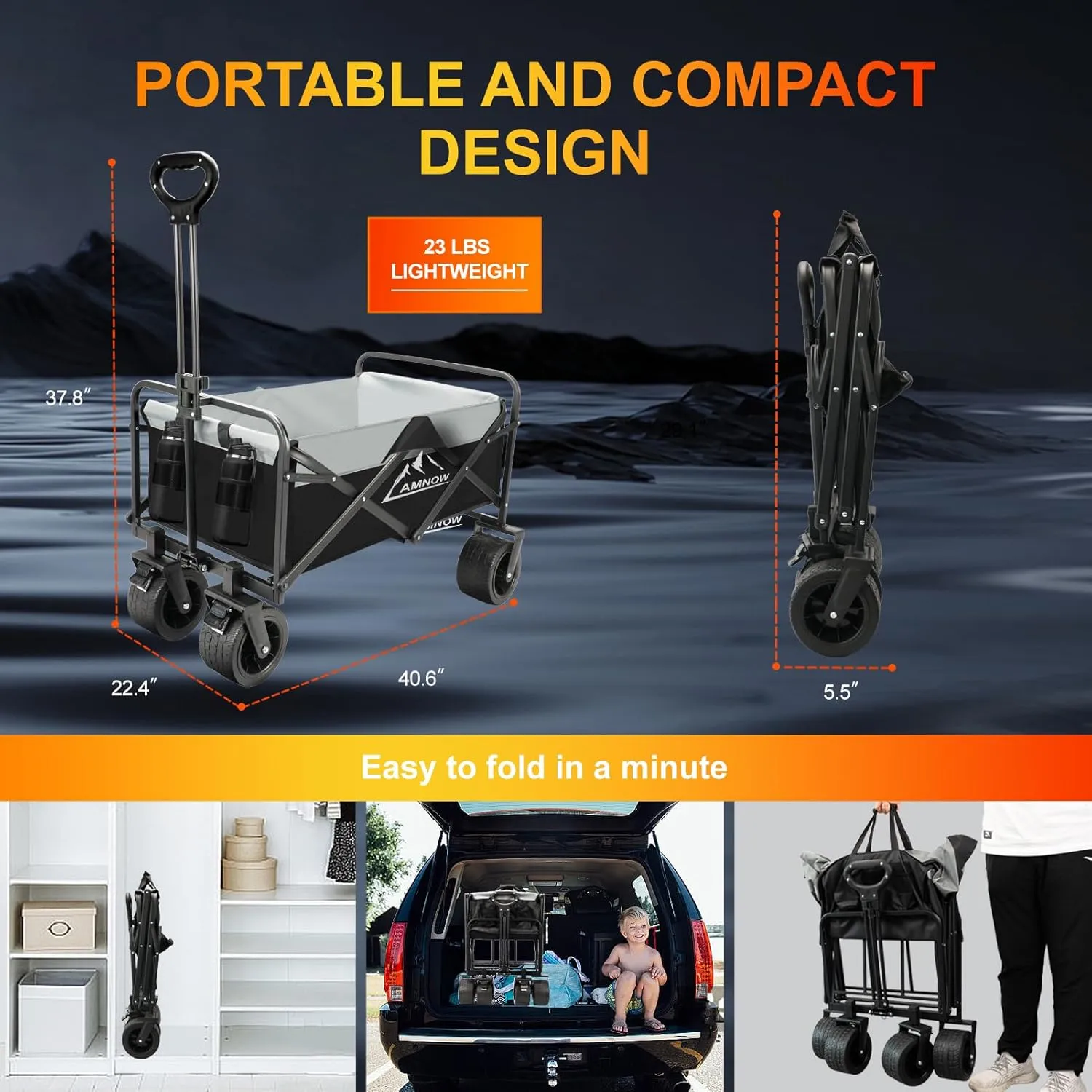 Collapsible Foldable Wagon, Utility Large Capacity Beach Wagon with Big Wheels, Shopping Wagon Cart with Side Pocket and Brakes for Sand Garden Grocery Sports Camping, D-black