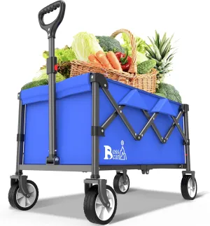 Collapsible Folding Wagon, Outdoor Utility Grocery Large Wagon Cart Heavy Duty Foldable with Silent Universal Wheels, Adjustable Handle, Camping, Garden, Shopping (Blue, 80L)