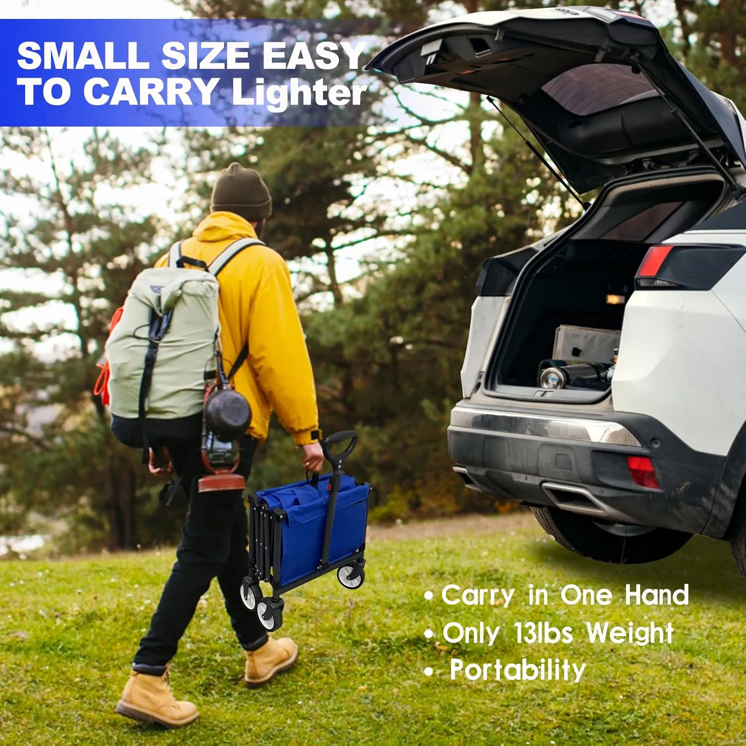 Collapsible Folding Wagon, Outdoor Utility Grocery Large Wagon Cart Heavy Duty Foldable with Silent Universal Wheels, Adjustable Handle, Camping, Garden, Shopping (Blue, 80L)
