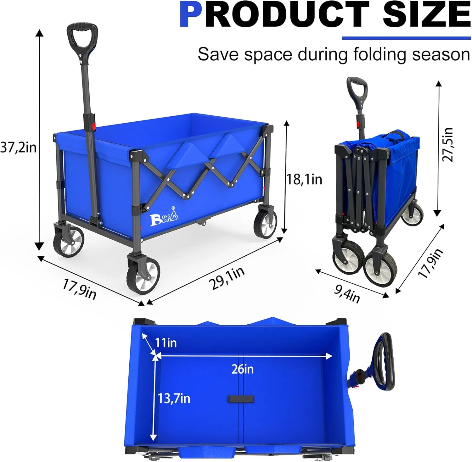 Collapsible Folding Wagon, Outdoor Utility Grocery Large Wagon Cart Heavy Duty Foldable with Silent Universal Wheels, Adjustable Handle, Camping, Garden, Shopping (Blue, 80L)