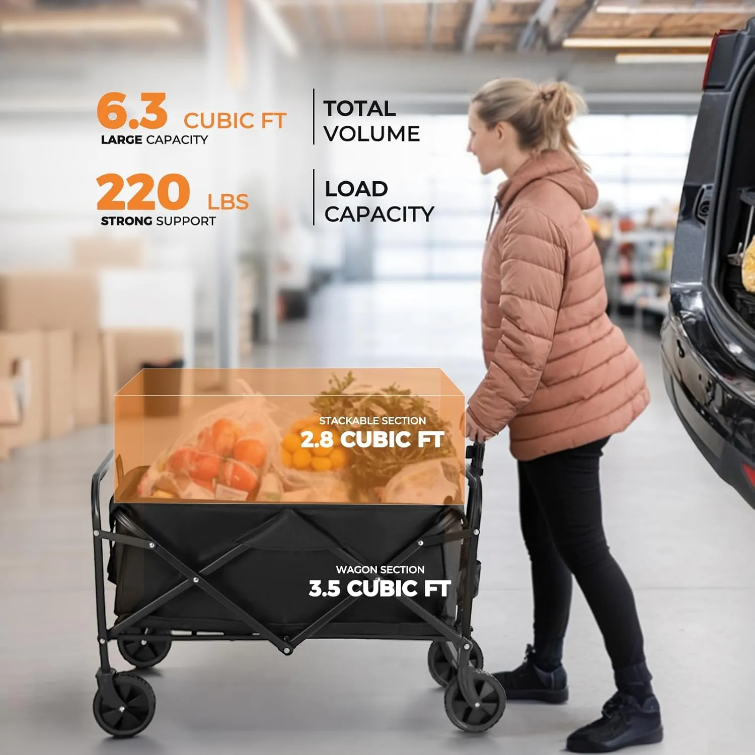 Collapsible Wagon 220 lbs, Heavy Duty Wagon Carts Foldable, Portable Wagons for Groceries, Beach Cart with All-Terrain Wheels & Drink Holders, Utility Wagon for Shopping, Sports, Camping, Black