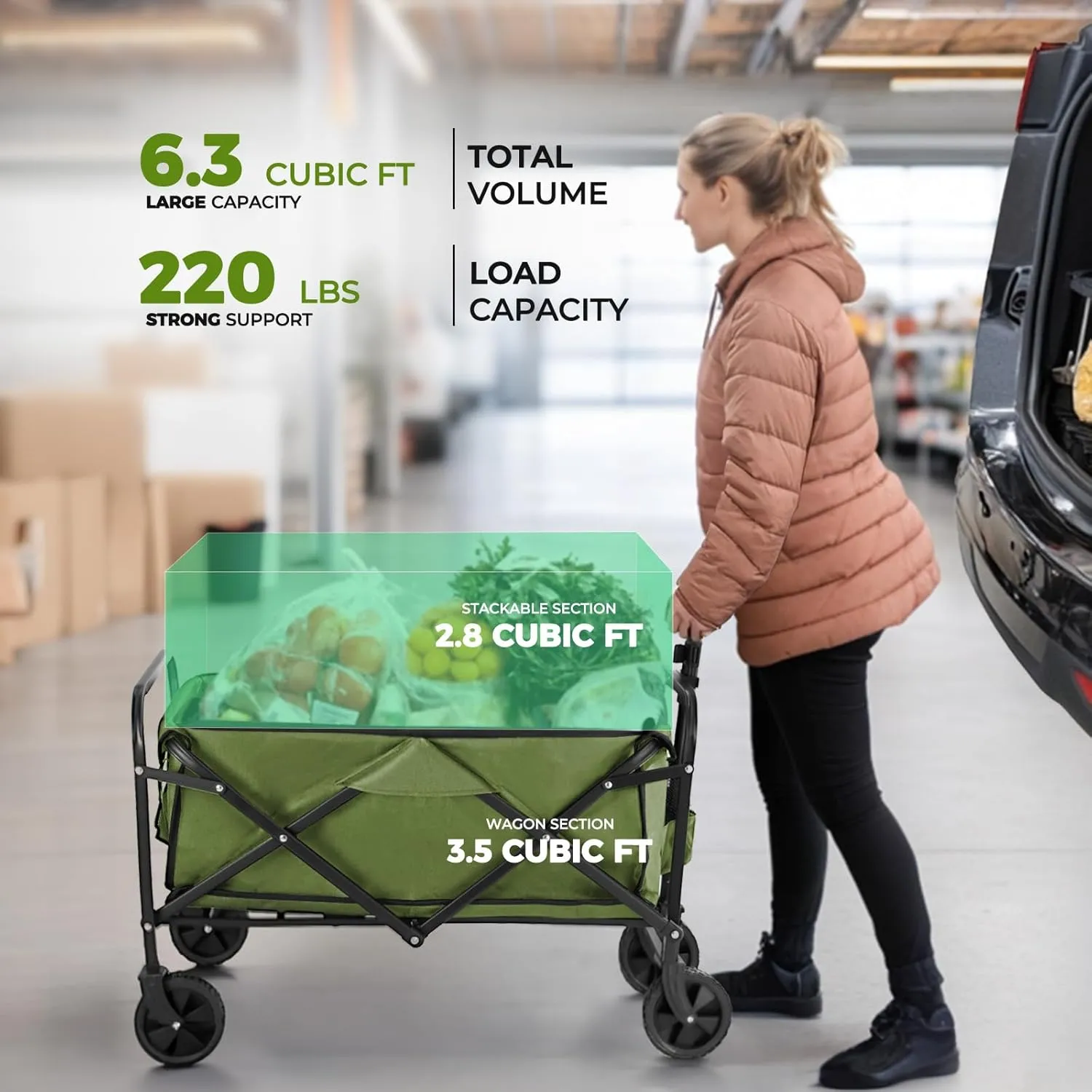 Collapsible Wagon 220 lbs, Heavy Duty Wagon Carts Foldable, Portable Wagons for Groceries, Beach Cart with All-Terrain Wheels & Drink Holders, Utility Wagons for Shopping, Sports, Camping, Green