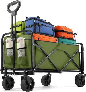 Collapsible Wagon 220 lbs, Heavy Duty Wagon Carts Foldable, Portable Wagons for Groceries, Beach Cart with All-Terrain Wheels & Drink Holders, Utility Wagons for Shopping, Sports, Camping, Green