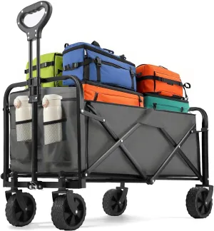 Collapsible Wagon 220 lbs, Heavy Duty Wagon Carts Foldable, Portable Wagons for Groceries, Beach Cart with All-Terrain Wheels & Drink Holders, Utility Wagons for Shopping, Sports, Camping, Grey