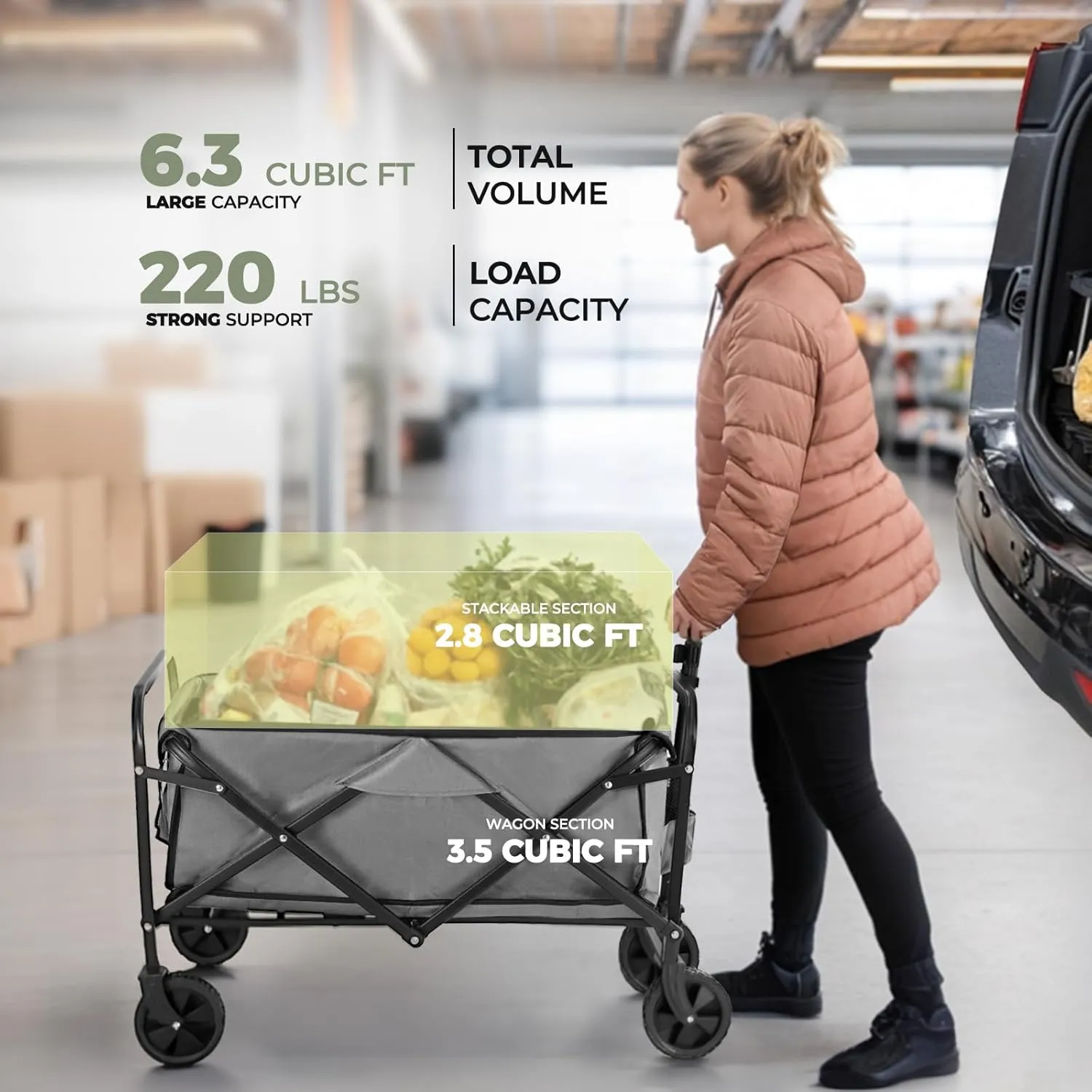 Collapsible Wagon 220 lbs, Heavy Duty Wagon Carts Foldable, Portable Wagons for Groceries, Beach Cart with All-Terrain Wheels & Drink Holders, Utility Wagons for Shopping, Sports, Camping, Grey