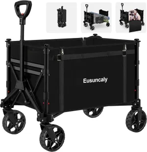 Collapsible Wagon with Wheels, Wagons Carts Foldable, Heavy Duty Folding Utility Cart for Grocery, Camping, Shopping, Sports, Garden, Fishing, Black