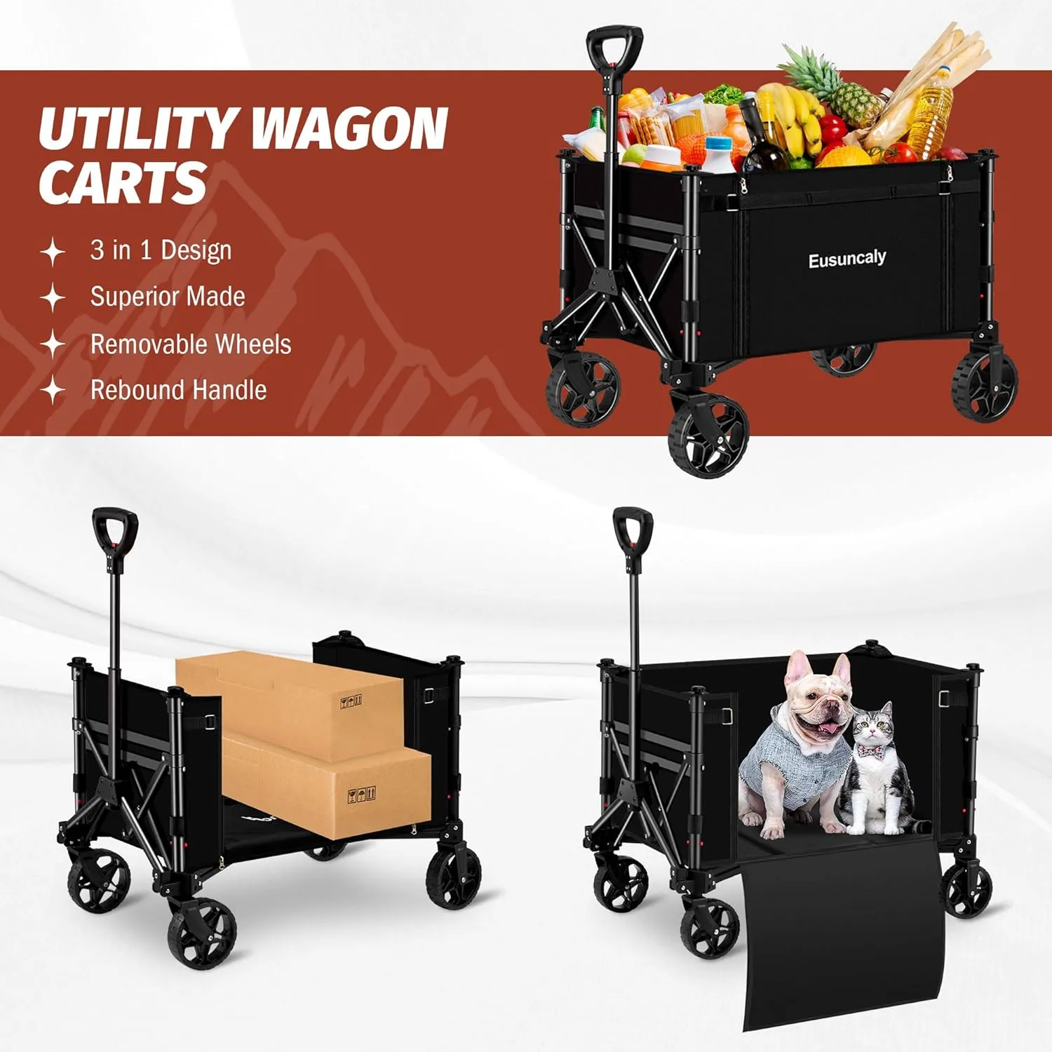 Collapsible Wagon with Wheels, Wagons Carts Foldable, Heavy Duty Folding Utility Cart for Grocery, Camping, Shopping, Sports, Garden, Fishing, Black