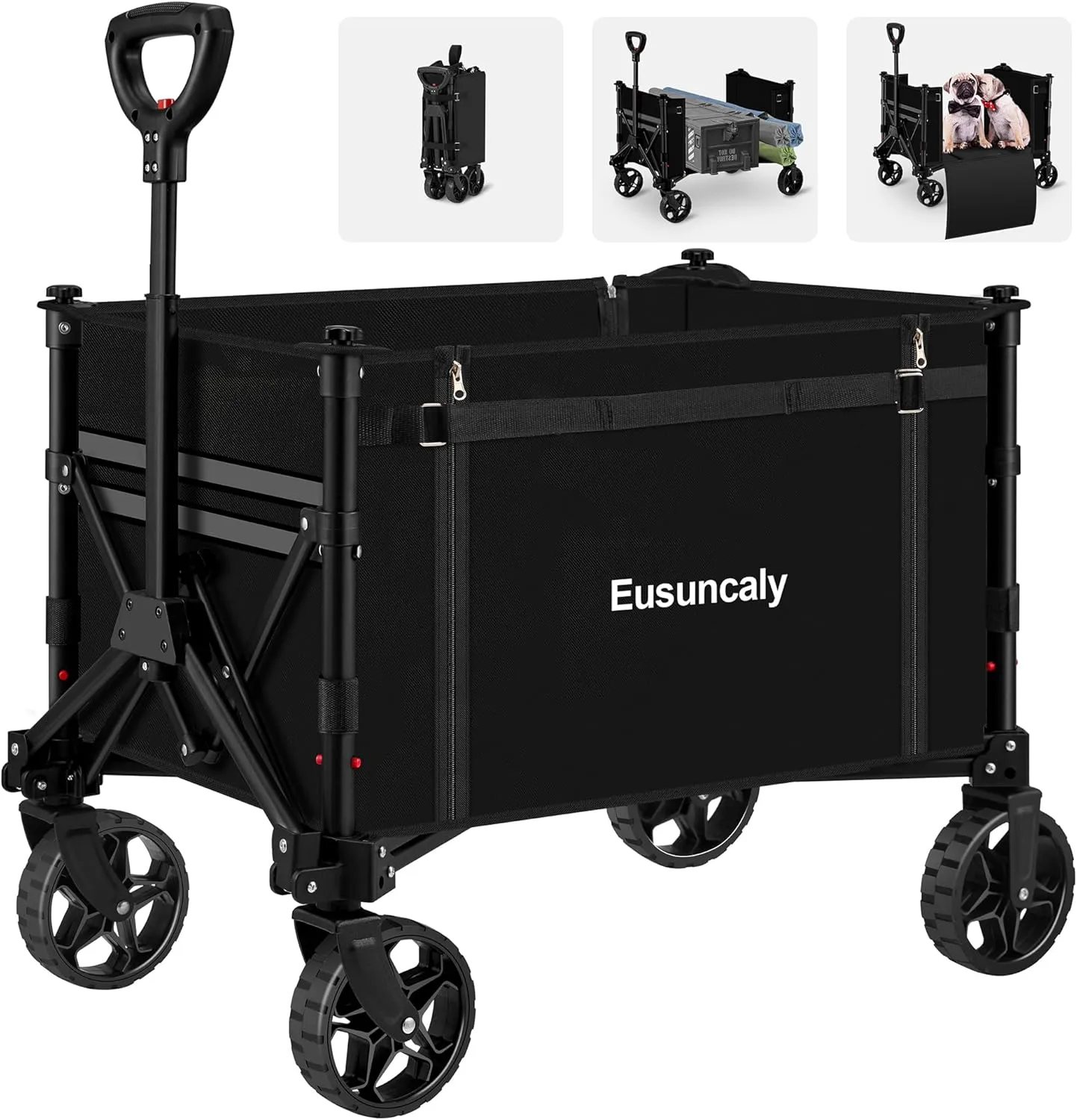 Collapsible Wagon with Wheels, Wagons Carts Foldable, Heavy Duty Folding Utility Cart for Grocery, Camping, Shopping, Sports, Garden, Fishing, Black