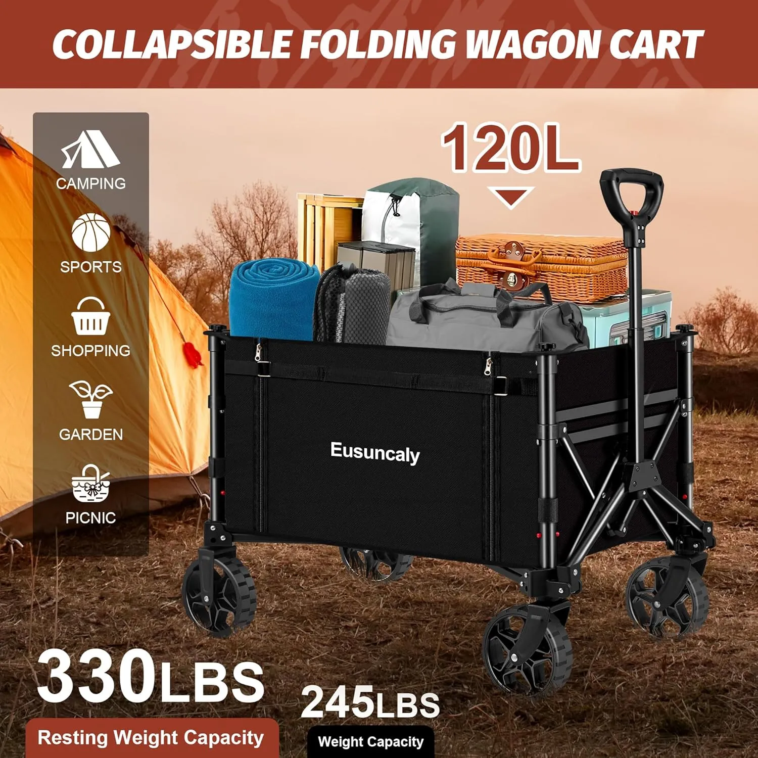 Collapsible Wagon with Wheels, Wagons Carts Foldable, Heavy Duty Folding Utility Cart for Grocery, Camping, Shopping, Sports, Garden, Fishing, Black