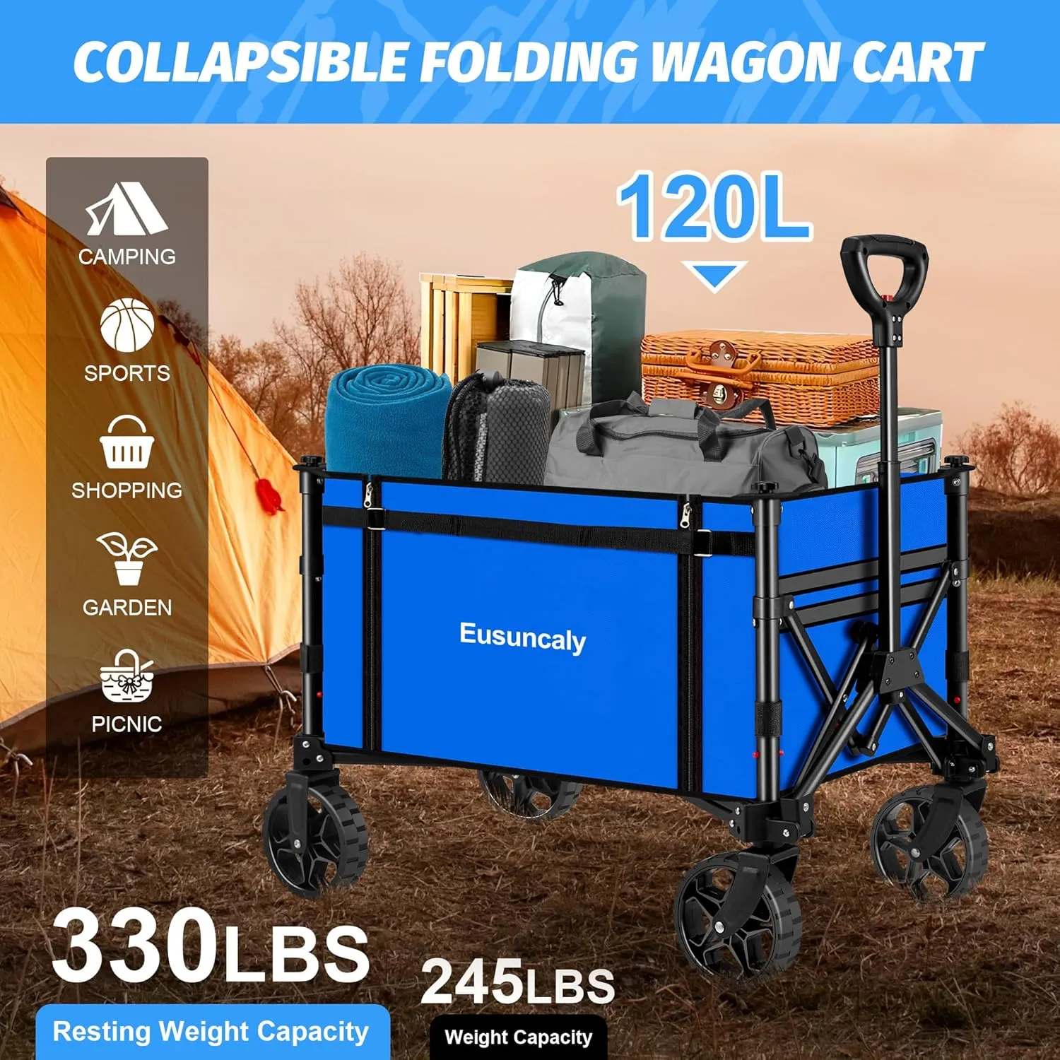 Collapsible Wagon with Wheels, Wagons Carts Foldable, Heavy Duty Folding Utility Cart for Grocery, Camping, Shopping, Sports, Garden, Fishing, Blue