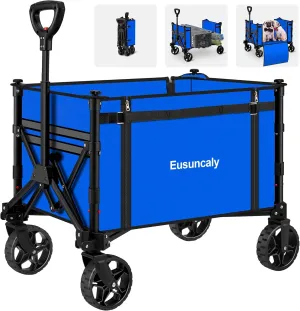Collapsible Wagon with Wheels, Wagons Carts Foldable, Heavy Duty Folding Utility Cart for Grocery, Camping, Shopping, Sports, Garden, Fishing, Blue