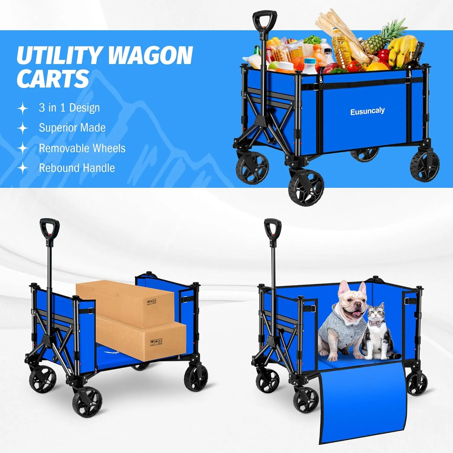 Collapsible Wagon with Wheels, Wagons Carts Foldable, Heavy Duty Folding Utility Cart for Grocery, Camping, Shopping, Sports, Garden, Fishing, Blue