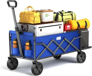 Collapsible Wagons Carts Foldable with Extended Tailgate, Folding Wagon Cart on Wheels, Portable Heavy Duty Shopping Carts for Groceries, Apartment, Garden, Camping, Sports, Fishing, Outdoor (Blue)