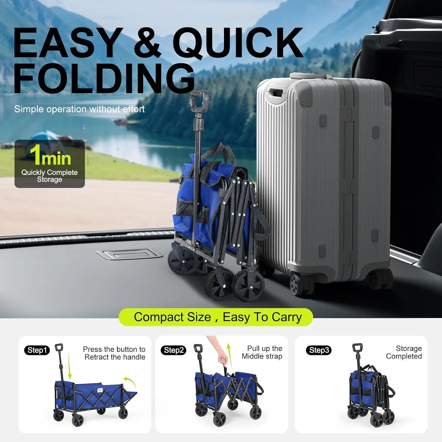 Collapsible Wagons Carts Foldable with Extended Tailgate, Folding Wagon Cart on Wheels, Portable Heavy Duty Shopping Carts for Groceries, Apartment, Garden, Camping, Sports, Fishing, Outdoor (Blue)