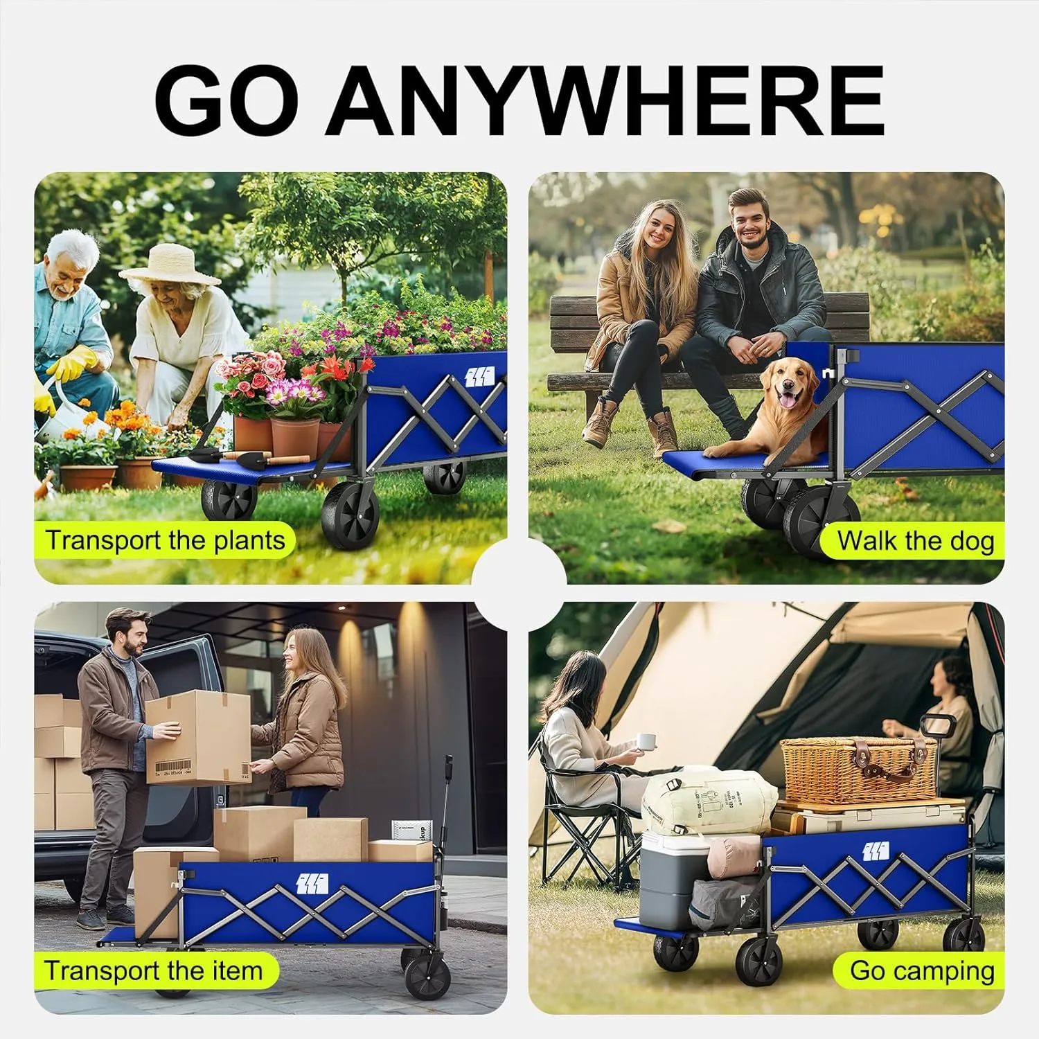 Collapsible Wagons Carts Foldable with Extended Tailgate, Folding Wagon Cart on Wheels, Portable Heavy Duty Shopping Carts for Groceries, Apartment, Garden, Camping, Sports, Fishing, Outdoor (Blue)