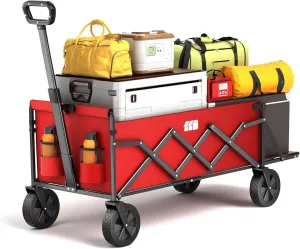 Collapsible Wagons Carts Foldable with Extended Tailgate, Folding Wagon Cart on Wheels, Portable Heavy Duty Shopping Carts for Groceries, Apartment, Garden, Camping, Sports, Fishing, Outdoor (Red)