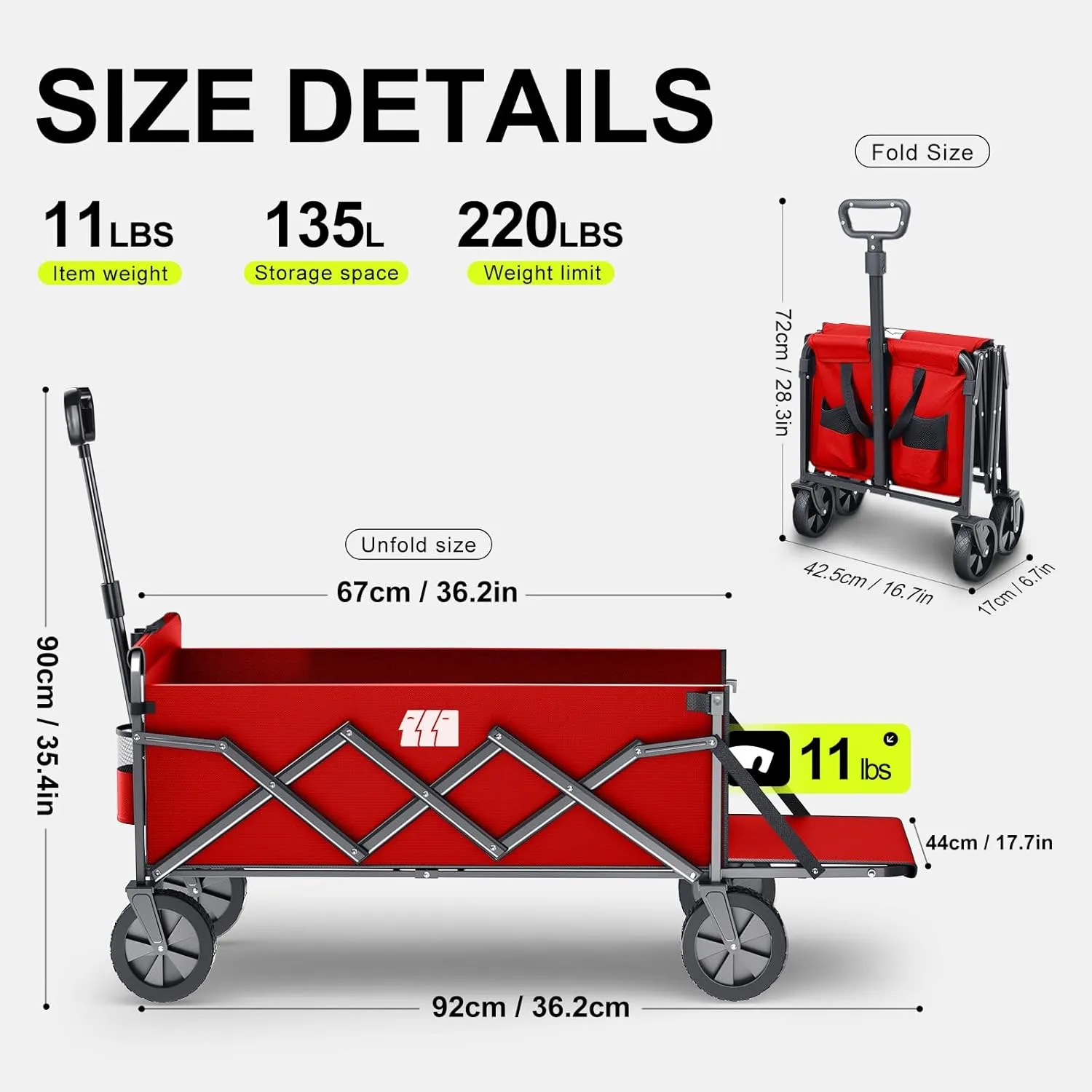 Collapsible Wagons Carts Foldable with Extended Tailgate, Folding Wagon Cart on Wheels, Portable Heavy Duty Shopping Carts for Groceries, Apartment, Garden, Camping, Sports, Fishing, Outdoor (Red)