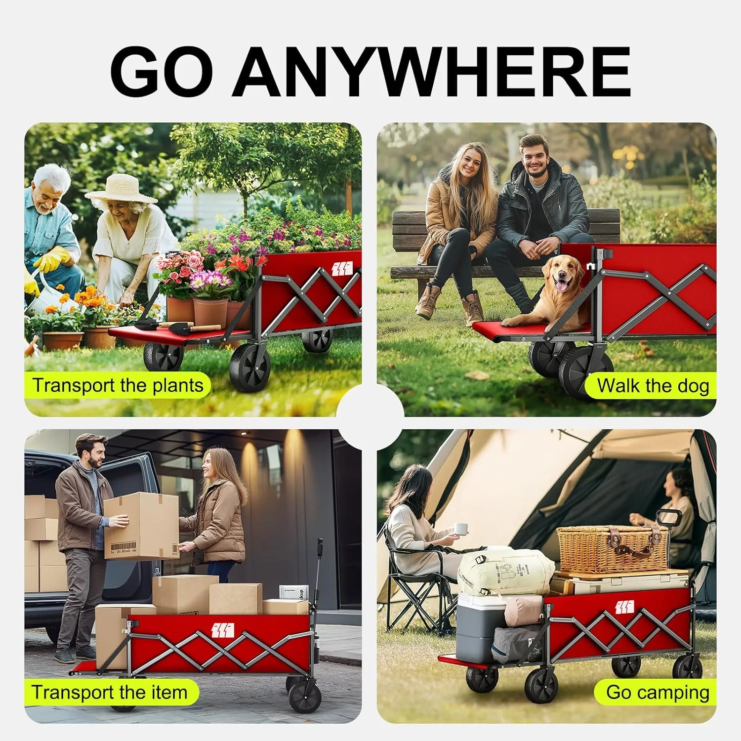Collapsible Wagons Carts Foldable with Extended Tailgate, Folding Wagon Cart on Wheels, Portable Heavy Duty Shopping Carts for Groceries, Apartment, Garden, Camping, Sports, Fishing, Outdoor (Red)