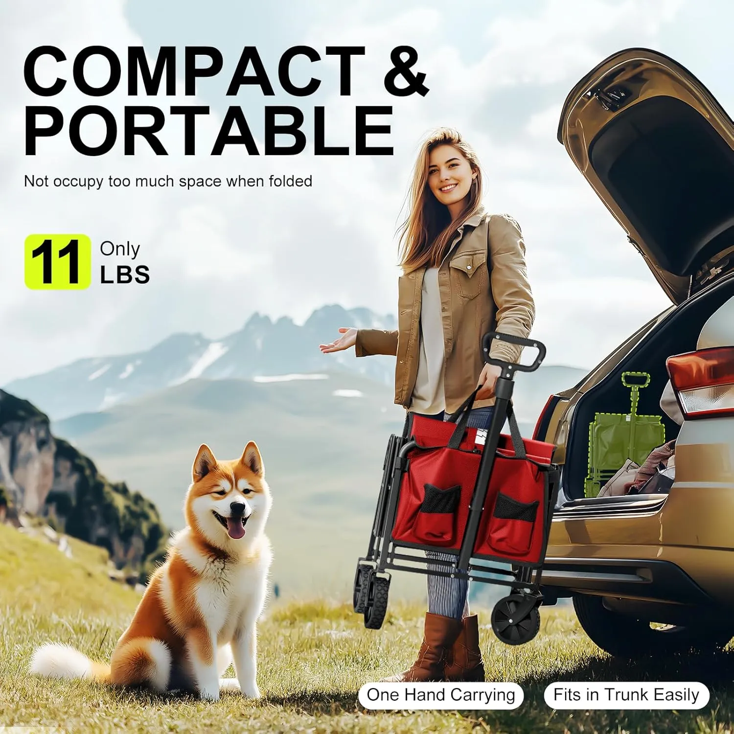 Collapsible Wagons Carts Foldable with Extended Tailgate, Folding Wagon Cart on Wheels, Portable Heavy Duty Shopping Carts for Groceries, Apartment, Garden, Camping, Sports, Fishing, Outdoor (Red)