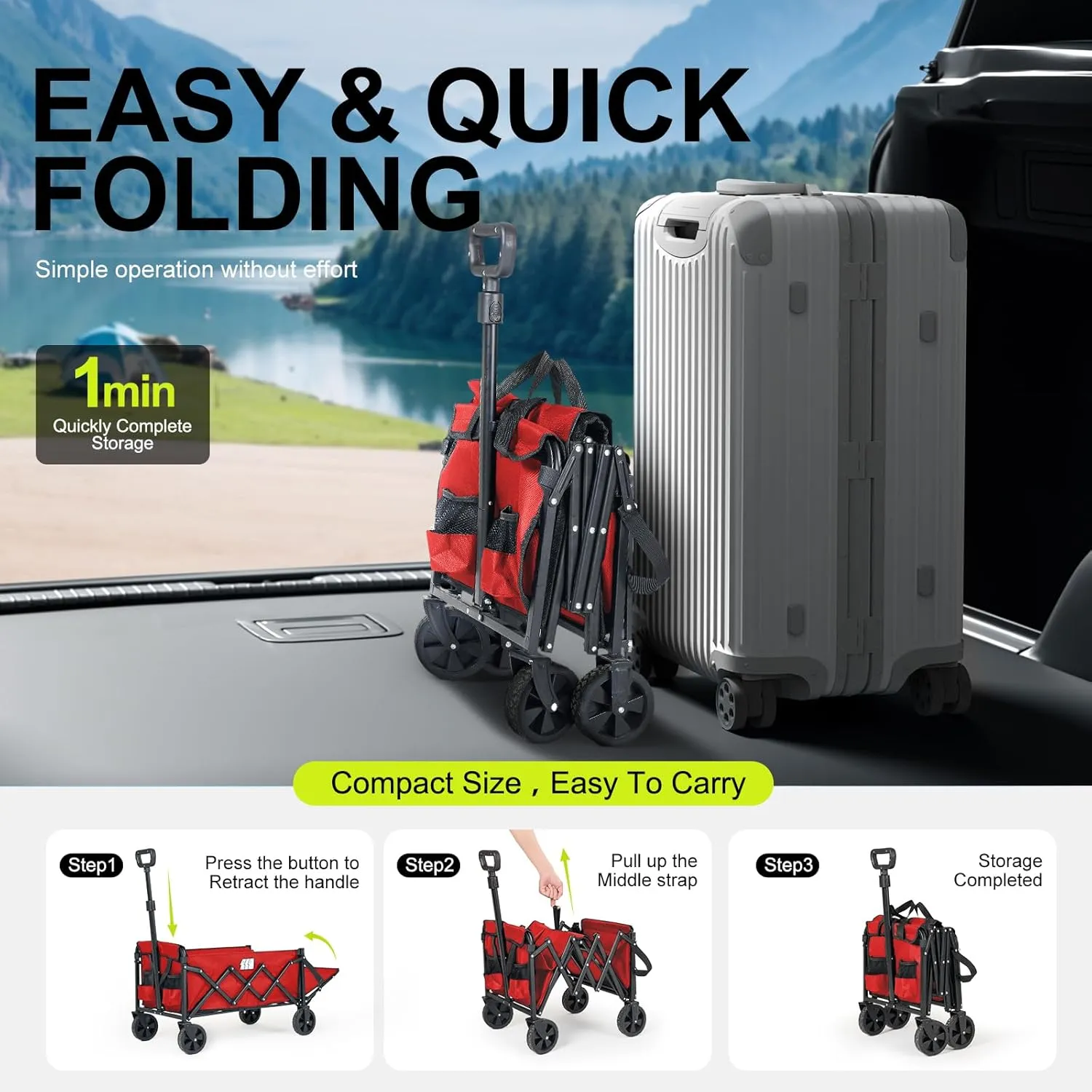 Collapsible Wagons Carts Foldable with Extended Tailgate, Folding Wagon Cart on Wheels, Portable Heavy Duty Shopping Carts for Groceries, Apartment, Garden, Camping, Sports, Fishing, Outdoor (Red)