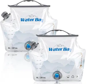 Collapsible Water Container with Faucet, 8L, BPA Free, 2-Pack, Food Grade Storage Bags for Camping