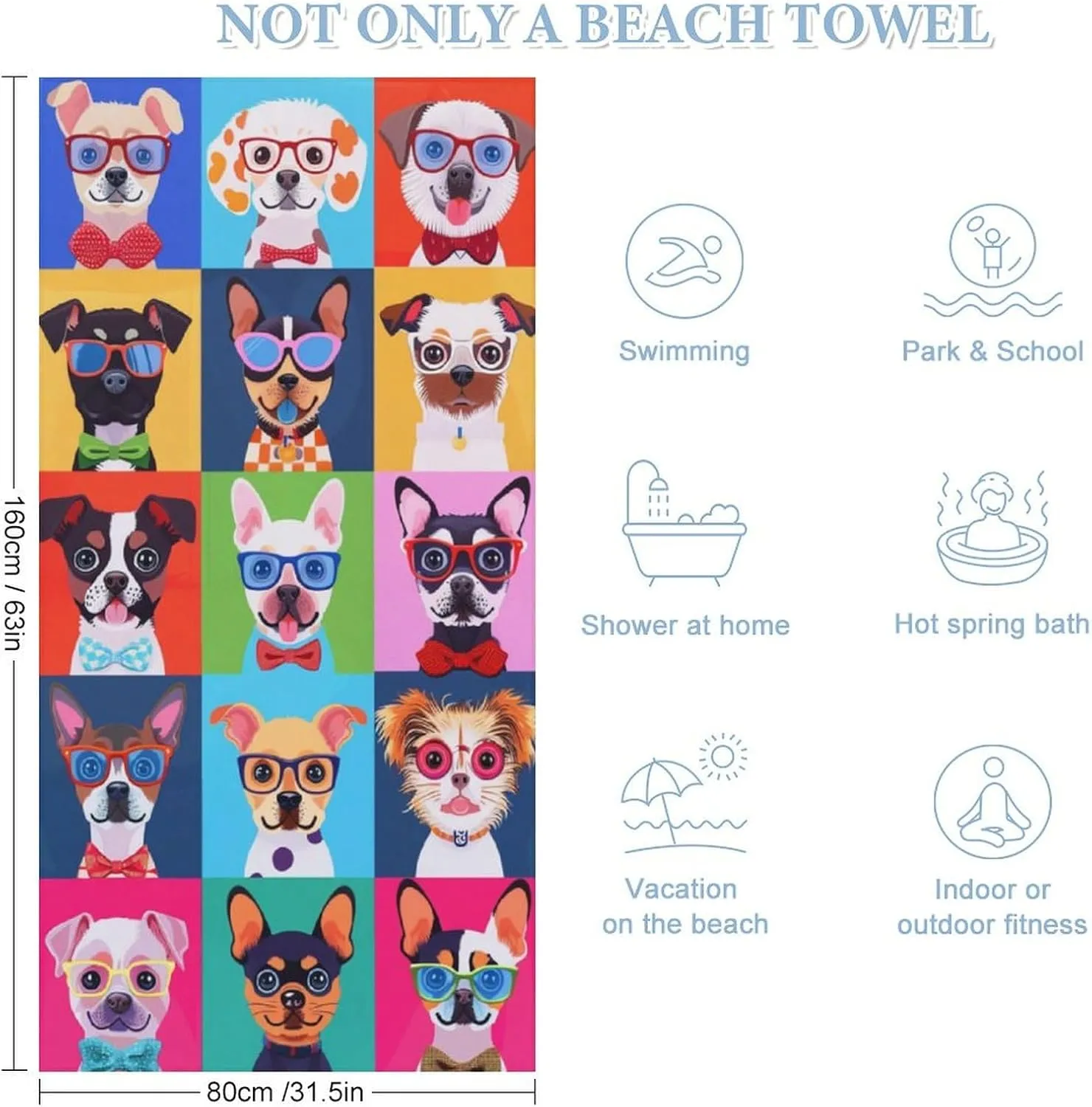 Colored Dog Beach Towel for Girls 60"x30"- Microfiber Suede Beach Towel - Quick Dry Sand Free Lightweight Kids Towels - Perfect for Beach Pool Swim Bath Travel Picnic Camping