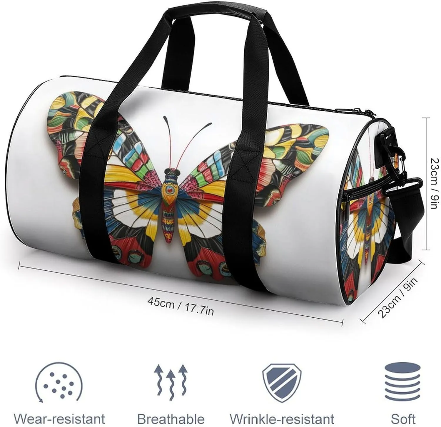 Colorful Butterfly Travel Gym Bag for Women Men Cylindrical Duffle Bag Sport Workout Bag with Shoulder Strap
