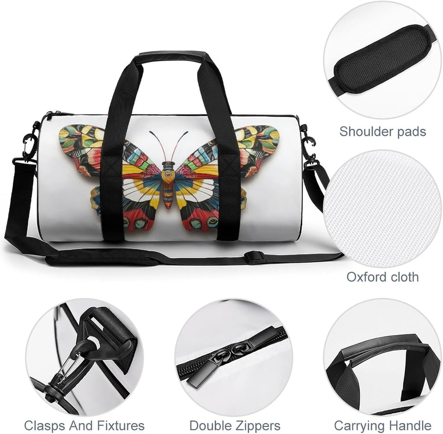 Colorful Butterfly Travel Gym Bag for Women Men Cylindrical Duffle Bag Sport Workout Bag with Shoulder Strap