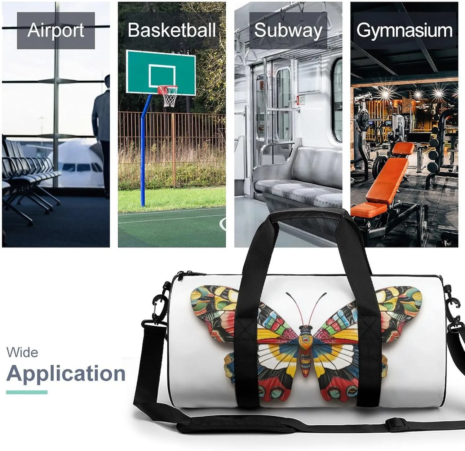 Colorful Butterfly Travel Gym Bag for Women Men Cylindrical Duffle Bag Sport Workout Bag with Shoulder Strap