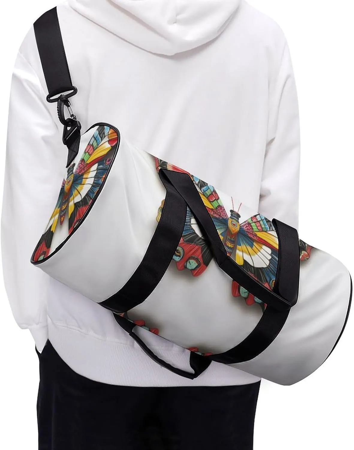 Colorful Butterfly Travel Gym Bag for Women Men Cylindrical Duffle Bag Sport Workout Bag with Shoulder Strap