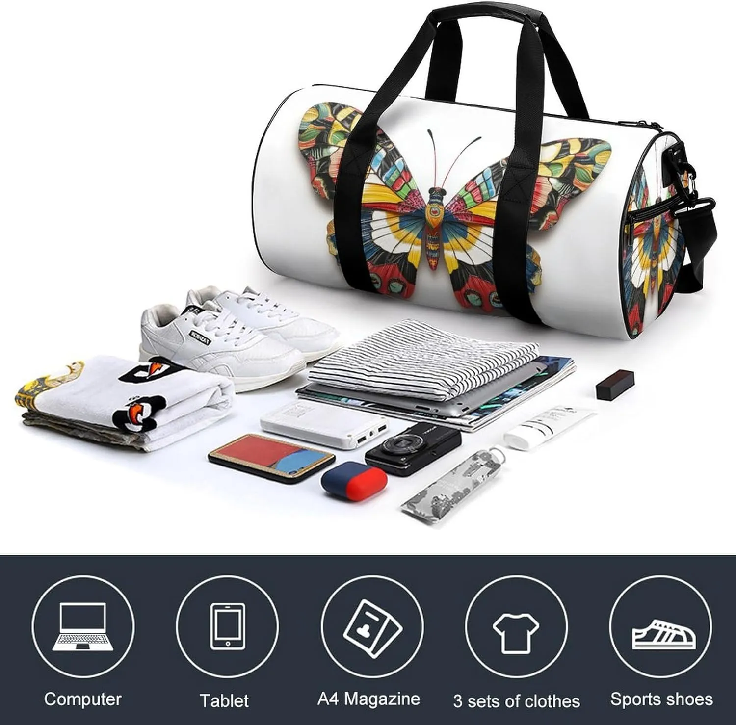Colorful Butterfly Travel Gym Bag for Women Men Cylindrical Duffle Bag Sport Workout Bag with Shoulder Strap