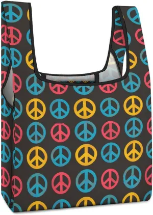 Colorful Peace Sign Novelty Reusable Grocery Bag Fold-able Shopping Bags Washable Tote Lightweight Storage Pouch with Handle