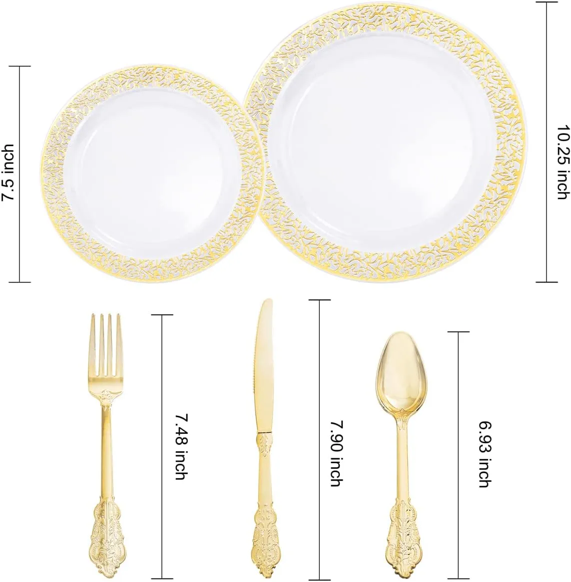 COLOSUS 150pcs Clear Gold Lace Plastic Party Plates Disposable Dinnerware set include 30 dinner plate-30 dessert plate-90 Gold Silverware Perfect for Birthday Wedding Party Dinner