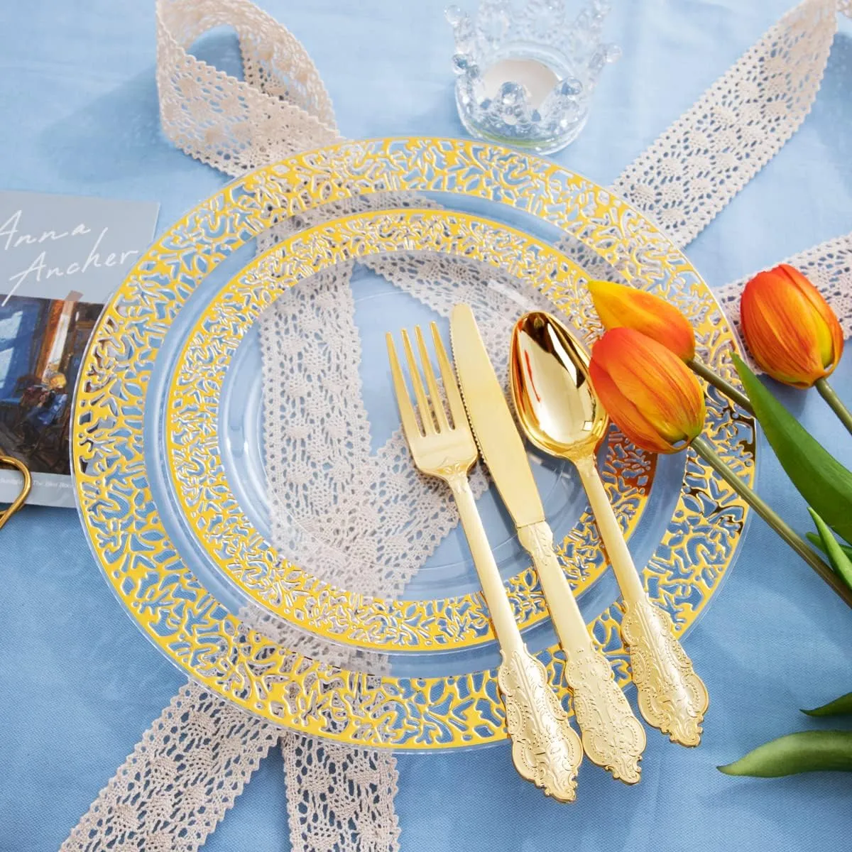 COLOSUS 150pcs Clear Gold Lace Plastic Party Plates Disposable Dinnerware set include 30 dinner plate-30 dessert plate-90 Gold Silverware Perfect for Birthday Wedding Party Dinner