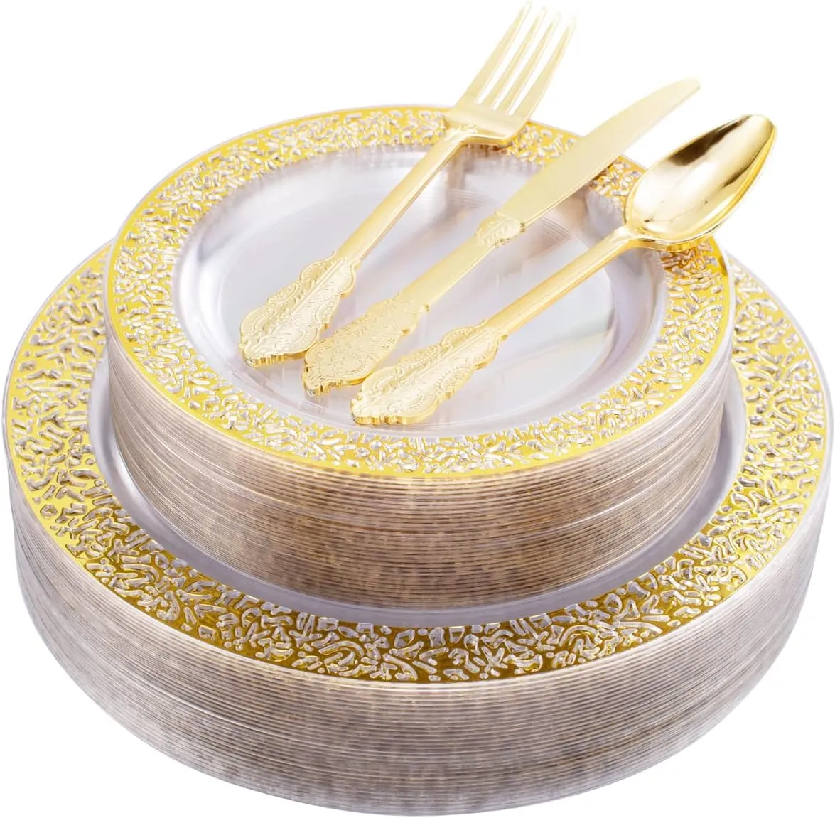 COLOSUS 150pcs Clear Gold Lace Plastic Party Plates Disposable Dinnerware set include 30 dinner plate-30 dessert plate-90 Gold Silverware Perfect for Birthday Wedding Party Dinner