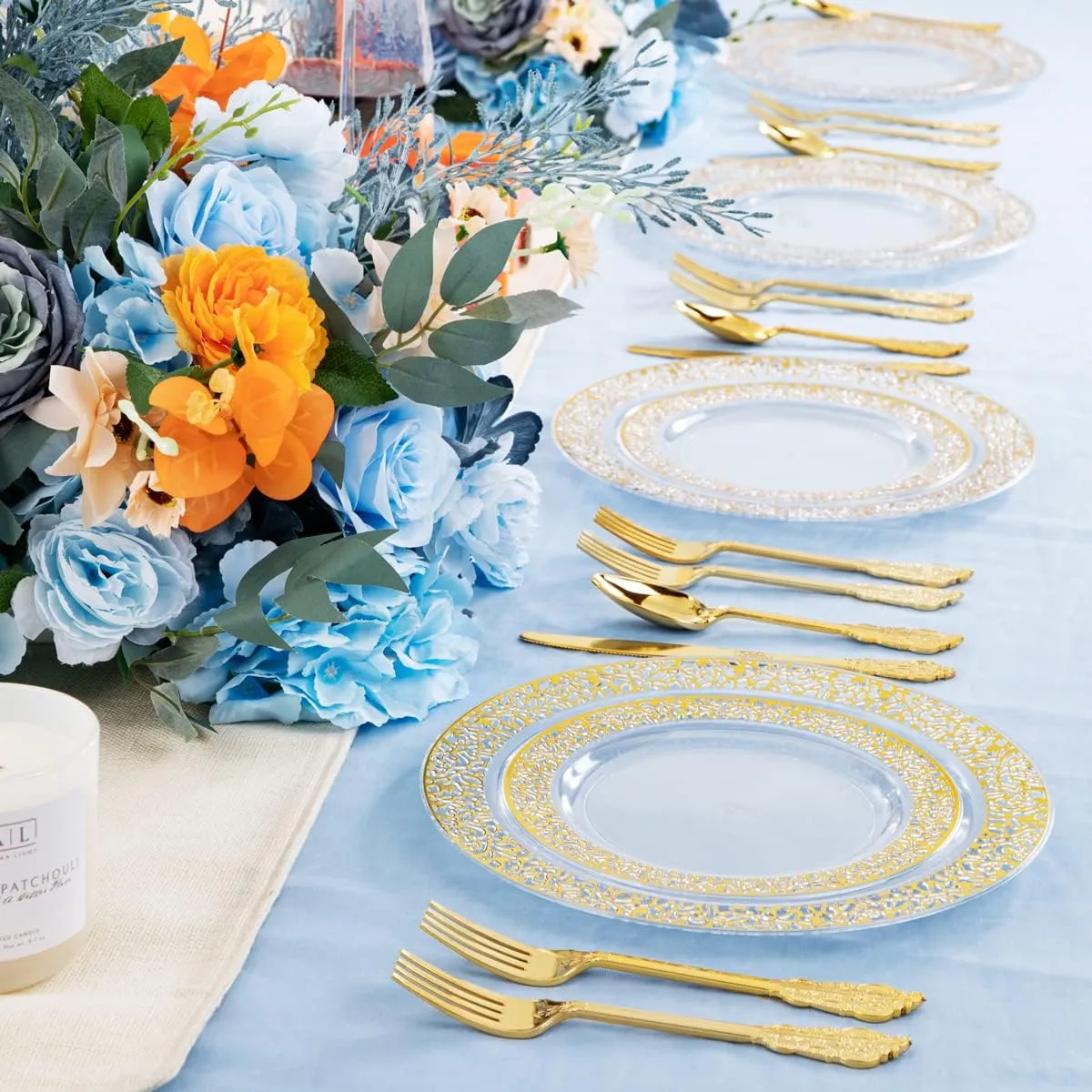 COLOSUS 150pcs Clear Gold Lace Plastic Party Plates Disposable Dinnerware set include 30 dinner plate-30 dessert plate-90 Gold Silverware Perfect for Birthday Wedding Party Dinner