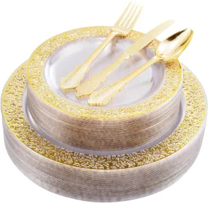 COLOSUS 150pcs Clear Gold Lace Plastic Party Plates Disposable Dinnerware set include 30 dinner plate-30 dessert plate-90 Gold Silverware Perfect for Birthday Wedding Party Dinner