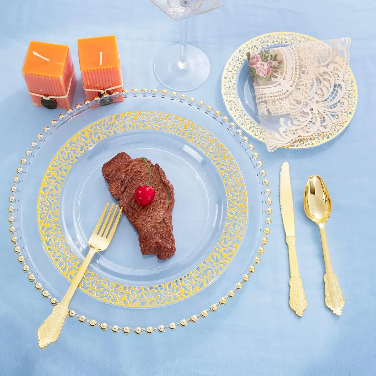 COLOSUS 150pcs Clear Gold Lace Plastic Party Plates Disposable Dinnerware set include 30 dinner plate-30 dessert plate-90 Gold Silverware Perfect for Birthday Wedding Party Dinner
