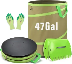 Colwelt Collapsible Garden Bag 47Gallon, Collapsible Leaf Bags with Hard Bottom, Heavy Duty Yard Waste Bag Leaf Bin, Leaf Pop up Trash Can (come with Leaf Scoop, Garden Gloves)