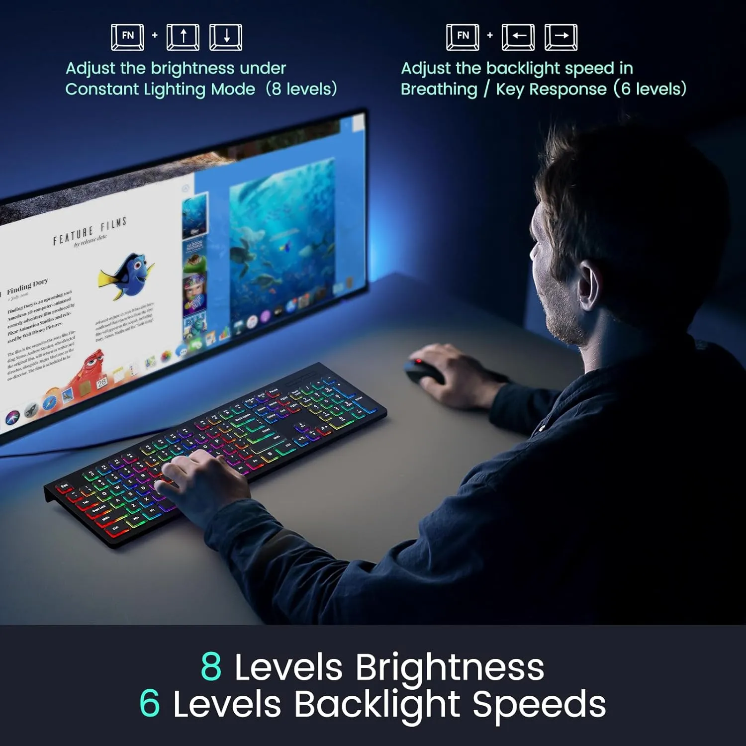 Computer Keyboard Wired, Plug Play USB Keyboard, Low Profile Chiclet Keys, Large Number Pad, Caps Indicators, Foldable Stands, Spill-Resistant, Anti-Wear Letters for PC Laptop (Backlit, 1-Pack)